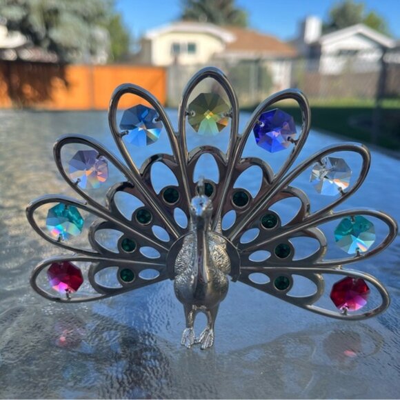 Silver Plated Peacock Figurine With Multicolored Swarovski Crystals Ornament - Picture 1 of 10
